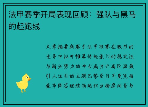 法甲赛季开局表现回顾：强队与黑马的起跑线